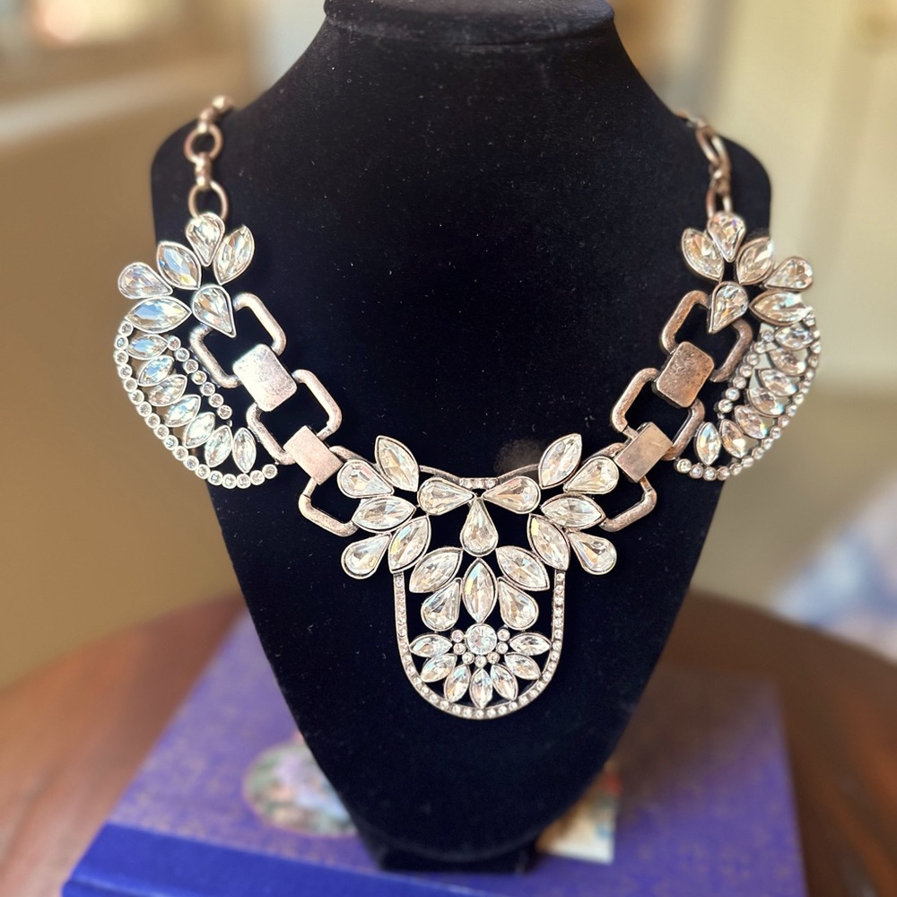 J Crew 24" Rhinestone and Antiqued Gold Statement Necklace